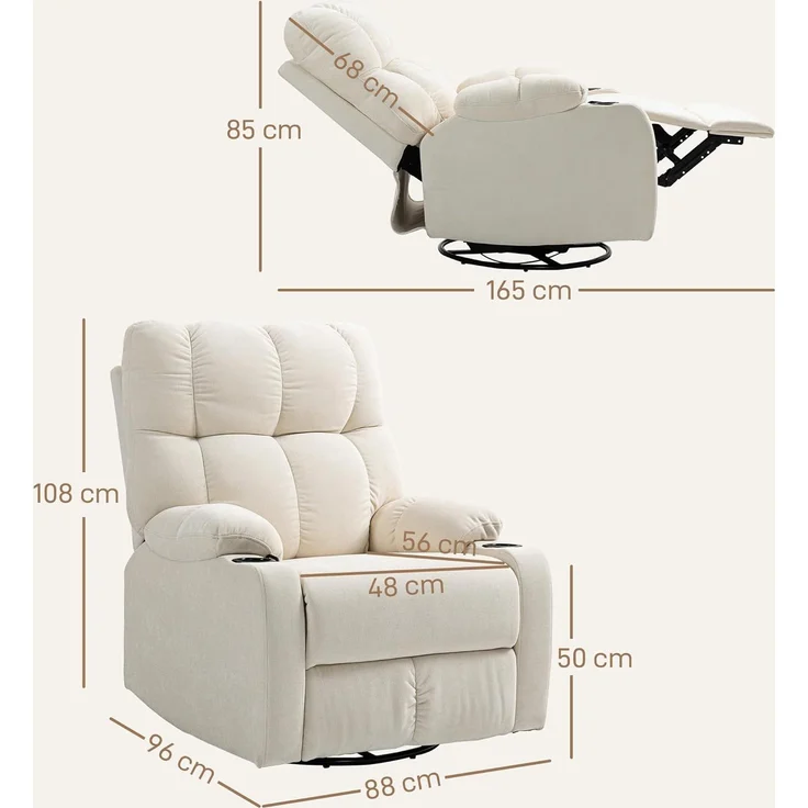 HOMCOM Relaxsessel Fernsehsessel mit Liegefunktion, Schaukelfunktion (Drehbar TV-Sessel mit Fußstütze, 1-St, Taschenfederkern, Becherhalter), für Wohnzimmer, Beige – Bild 3