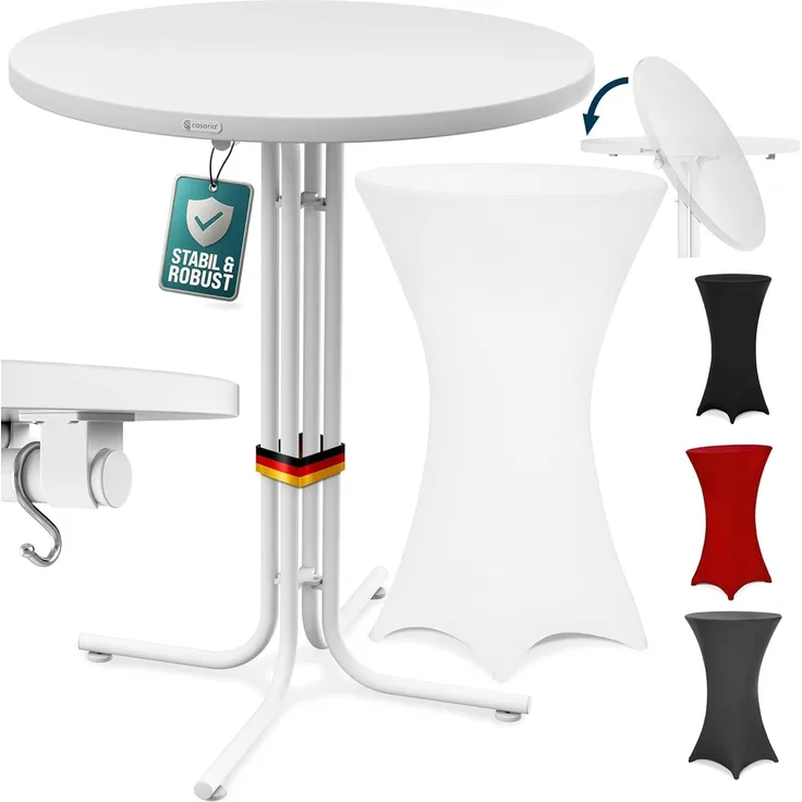 CASARIA® Stehtisch klappbar mit Husse 80cm Rund Bistrotisch weiß