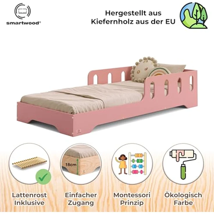 smartwood Kinderbett 70x160 cm in Rosa - Montessori Bodenbett mit Rausfallschutz & Lattenrost - Aus handbemaltem Sperrholz - Sicher für Jungen und Mädchen - Einfache Montage - TILA 6 – Bild 4