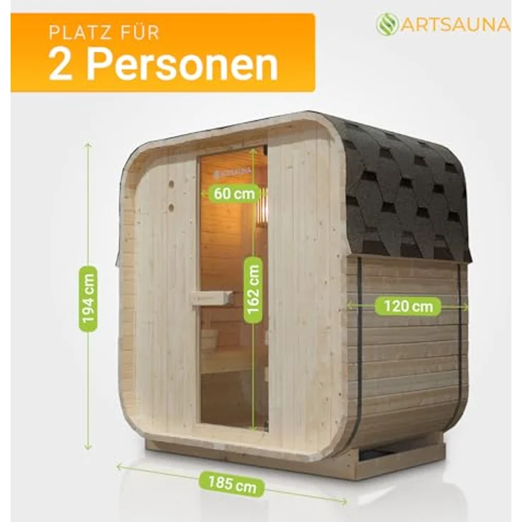 Artsauna Fasssauna Nolvik M, Outdoor-Sauna aus Fichtenholz, 3,6 kW Ofen, LED, Komplettset mit Sanduhr, Eimer & Thermometer, winterfest, Cube Design – Bild 5