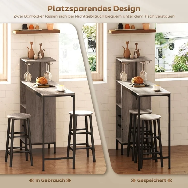3-tlg, Bartisch-Set mit Stauraum, Weinregalen, Glashaltern, Hockern mit Fußstütze, für kleine Räume, Grau--Grau--121.5x40x122cm--YOUDENOVA – Bild 4