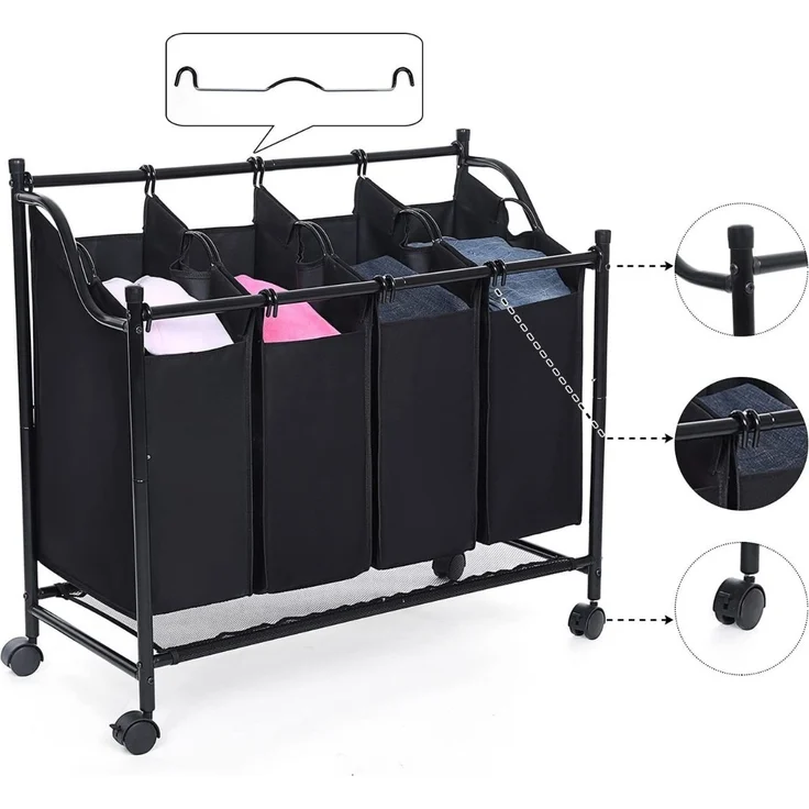 Songmics Wäschesammler auf Rollen mit 4 Fächern, Polyester Grau, 4x35 L / 87,5 x 38,5 x 67/81 cm – Bild 6