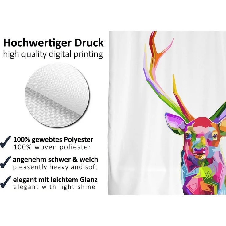 arteneur® - Bunter Hirsch - Anti-Schimmel Duschvorhang 120x200 - Recycelt mit Öko-Tex Standard 100 - Beschwerter Saum, Blickdicht, Wasserdicht, Waschbar, 8 Haken & E-Book – Bild 2