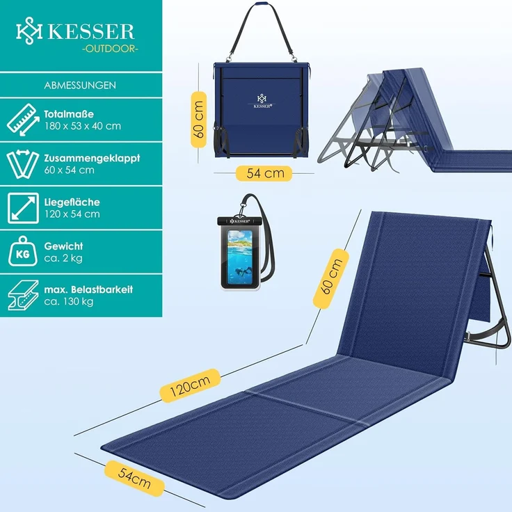 KESSER® Klappbare Strandmatte mit Verstellbarer Rückenlehne – Faltbare Strandliege mit Tragegurt, wasserdichter Tasche & Aufbewahrung – Sonnenliege für Strand, Garten & Terrasse 130 kg belastbar – Bild 2
