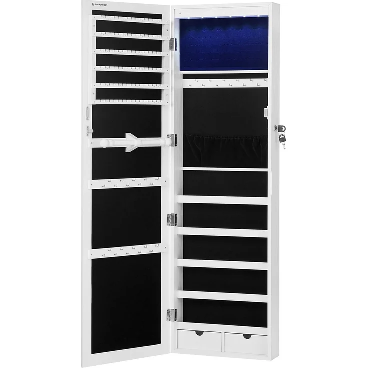 Schmuckschrank mit LED Beleuchtung und abschließbar, MDF weiß, JBC93W, 37 x 10 x 120 cm – Bild 3