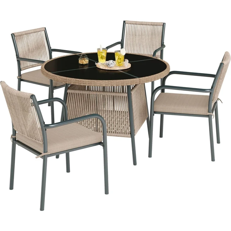 LVHOM 5-tlg. Gartenmöbel-Set, Sitzgruppe mit rundem Glastisch und 4 Polyrattan-Armlehnstühlen, inkl. Sitzpolster, Terrassenmöbel für 4 Personen, Wetterfest – Bild 2