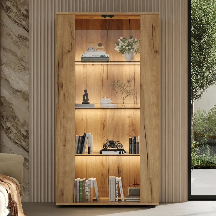Merax Vitrinenschrank mit 2 Glastüren, 4 Ablageflächen und verstellbarer LED-Beleuchtung – modernes Design für Wohnzimmer, natur, 80×36×150.5cm