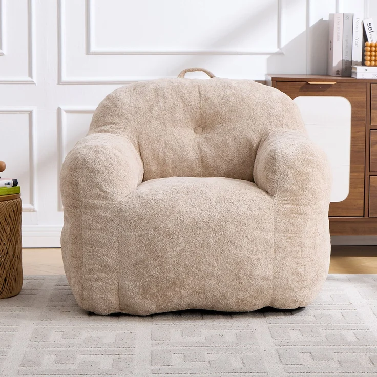 Sitzsack mit Füllung aus Schaumstoffflocken, Kunstfell-Sitzsacksofa mit Armlehnen, für Wohnzimmer, Schlafzimmer und Leseecke, keine Montage erforderlich, Beige – Beige – 95 x 95 x 79 cm – YOUDENOVA – Bild 2