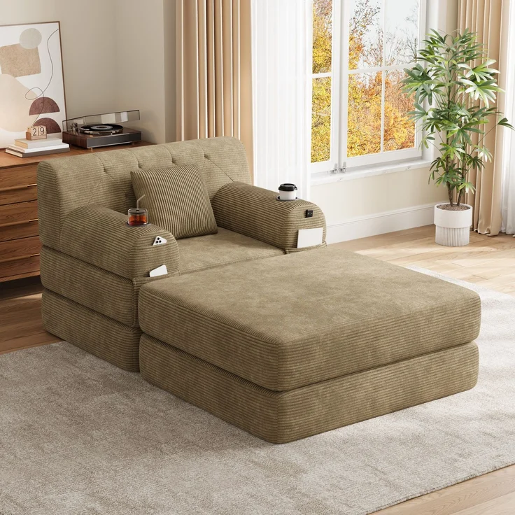 ZUBALIYA Schlafsofa 162x81 cm, mit Stauraum, mit Samtbezug, mit Cordbezug, mit Knopfheftung, mit breiten Armlehnen – Bild 4