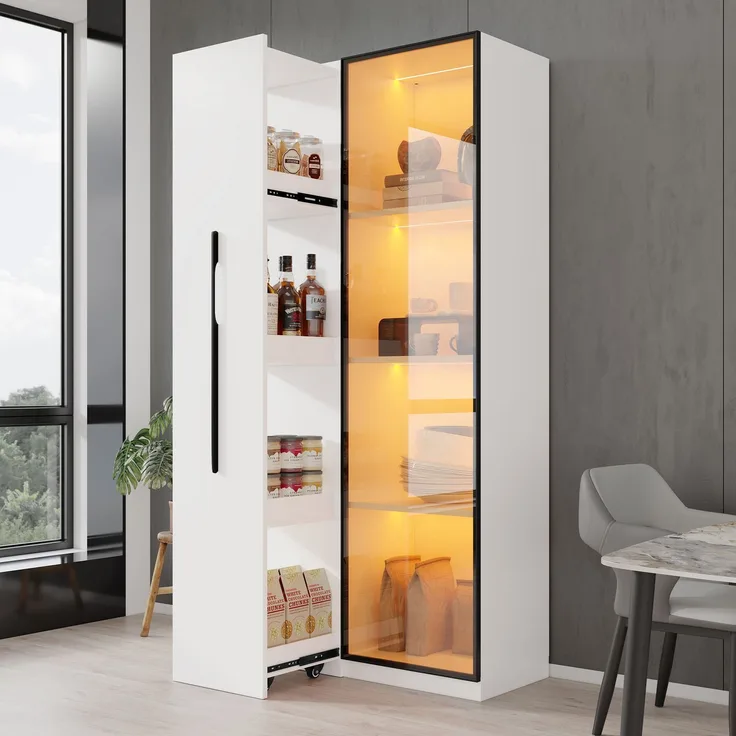Merax Vitrine, Multifunktionsschrank, Bücherregal und Vitrine mit Türen aus gehärtetem Glas, mit 1 Tür, 1 seitliche Schublade, mit Rollen und LED-Beleuchtung, Weiß, 160 x 40 x 70 cm