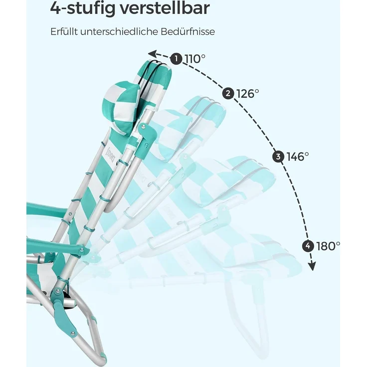 SONGMICS Strandstuhl, faltbar mit Schultergurt, verstellbarer Rückenlehne & Kopfstütze, Grün / Weiß – Bild 2
