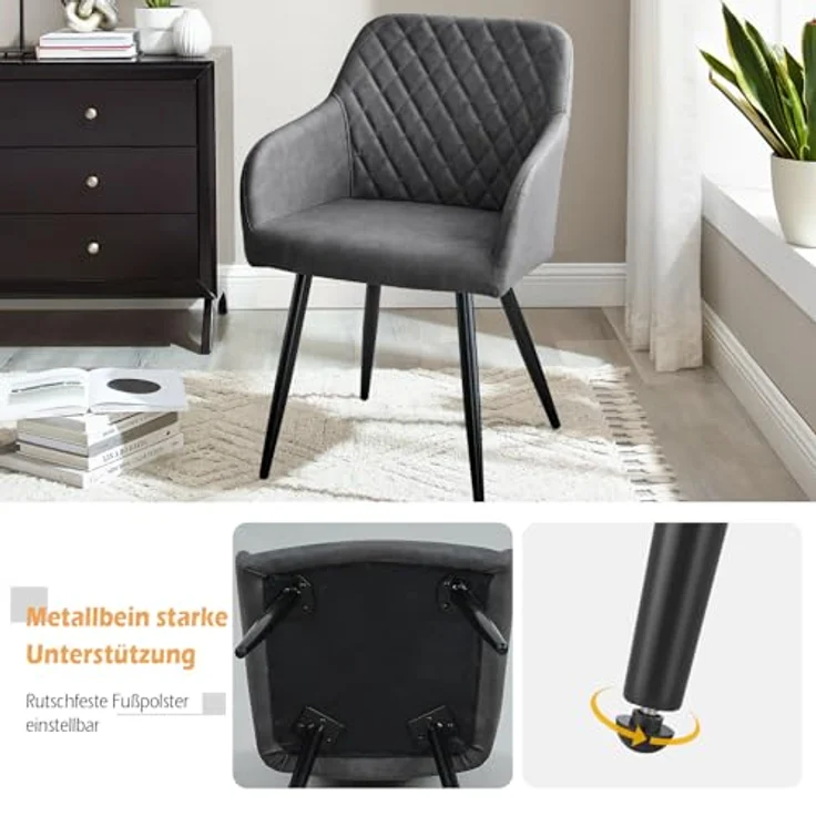 TUKAILAI Esszimmerstühle Kunstleder, Küchenstuhl Polsterstuhl Wohnzimmerstuhl Sessel mit Armlehnen Rückenlehne Metallbeinen, Modern Stühle für Küche Esszimmer Wohnzimmer Schlafzimmer, Darkgrau – Bild 5