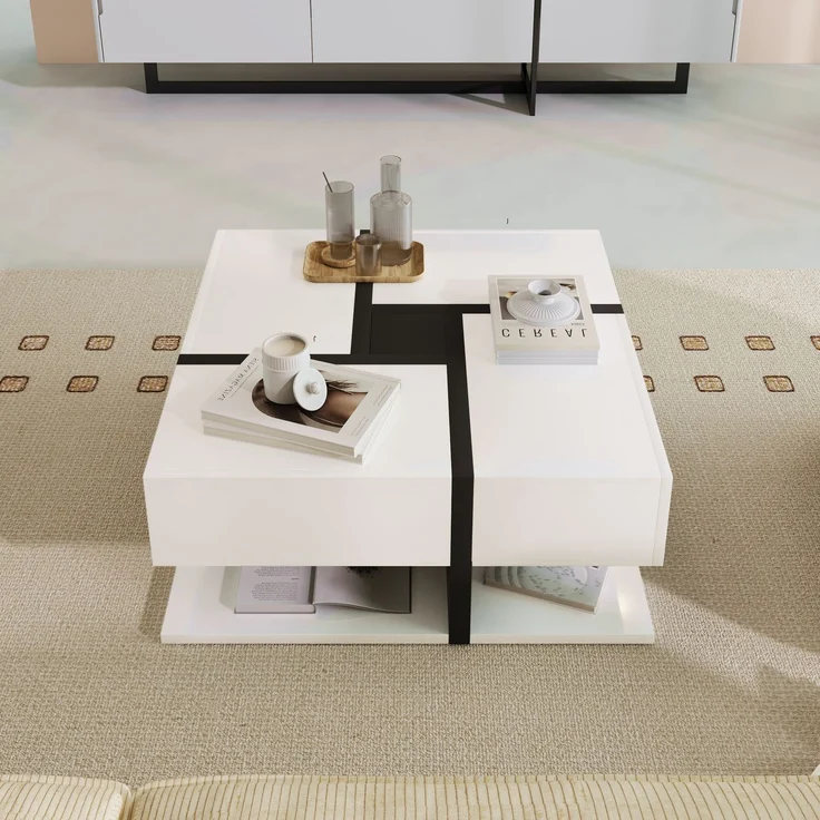 Merax Hochglanz-Couchtisch, Tisch mit 4 Schubladen, einzigartige Farbabstimmung und Liniendesign, Stauraum unten, Weiß – Bild 2