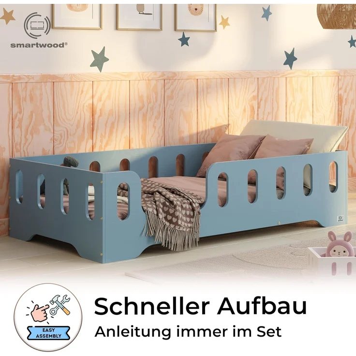 smartwood Kinderbett Bodenbett 140x200 mit Rausfallschutz & Lattenrost - Blau - Kinder Montessori Bett TILA 2L mit glatten Kanten - Betten für schnelle Montage - Bis 300 kg belastbar – Bild 4