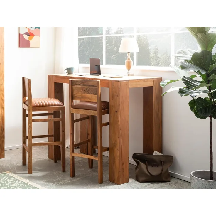 Essgruppe Barset Osbon von Woodkings 135x115x70 cm Akazienholz braun Bartisch mit 2 Barhocker Barhocker-Set Küchentresen-Set