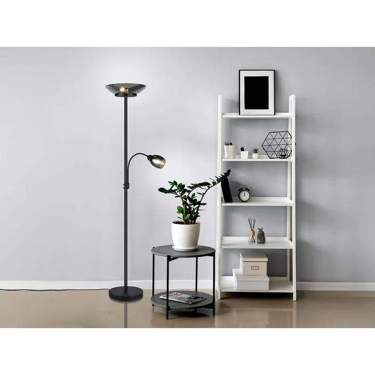 Deckenfluter GERRY mit Flex Leselampe, Schwarz & Glas Chrom, Höhe 180cm