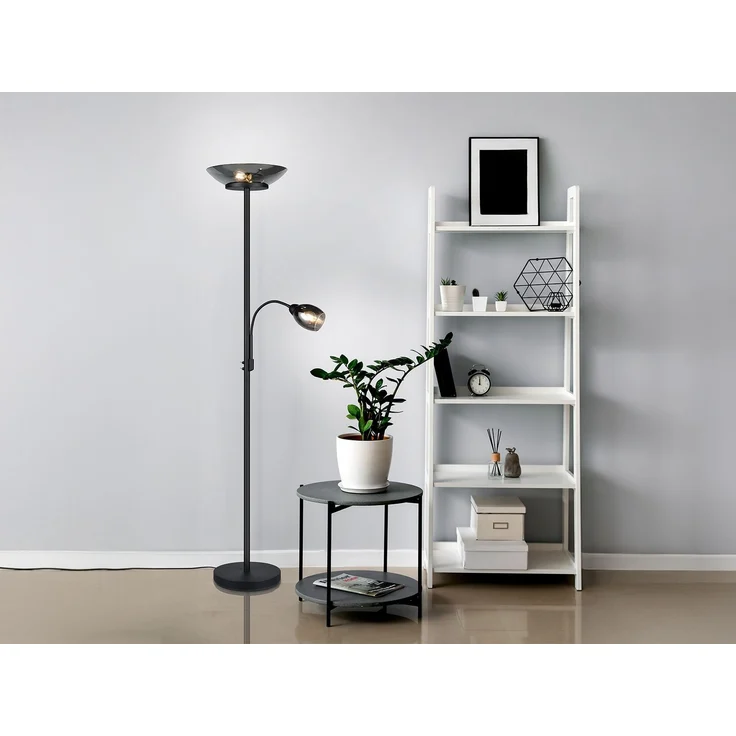 Deckenfluter GERRY mit Flex Leselampe, Schwarz & Glas Chrom, Höhe 180cm – Bild 1