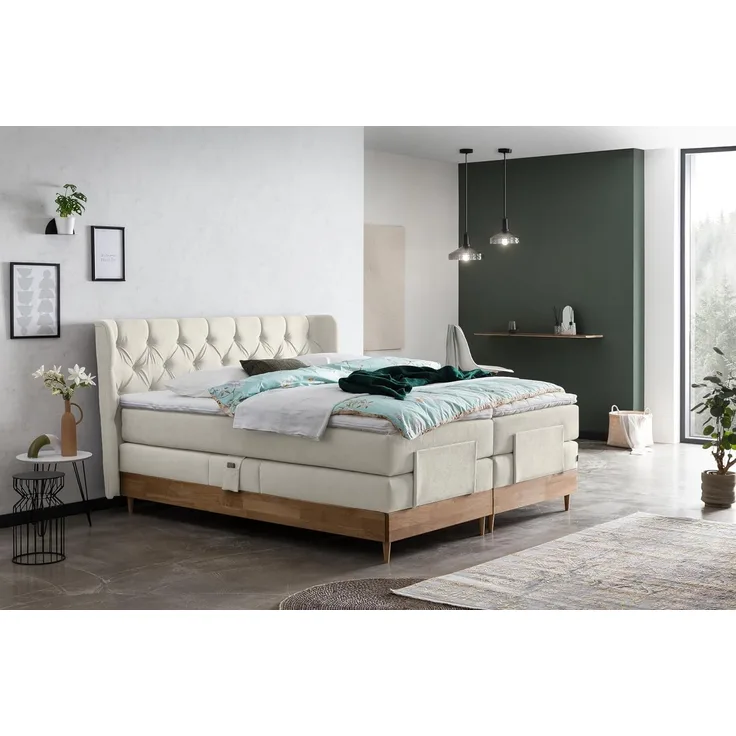 Belanoti Boxspringbett EON (Boxspringbett 160x200 elektrisch verstellbar Bett 160x200 mit Motor, 7-Zonen Taschenfederkern Matratze inklusive Visco Topper), in der Farbe Beige H2/H3 Polsterbett Motorbett mit Eiche