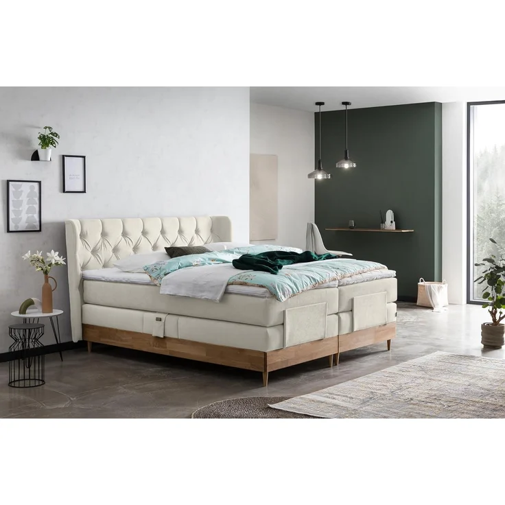 Belanoti Boxspringbett EON (Boxspringbett 160x200 elektrisch verstellbar Bett 160x200 mit Motor, 7-Zonen Taschenfederkern Matratze inklusive Visco Topper), in der Farbe Beige H2/H3 Polsterbett Motorbett mit Eiche – Bild 1