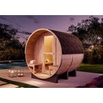 FinnTherm Fasssauna Ron Fasssauna 2 Sitzbänke aus Holz Sauna mit 38 mm Wandstärke inklusive Terrasse Außensauna