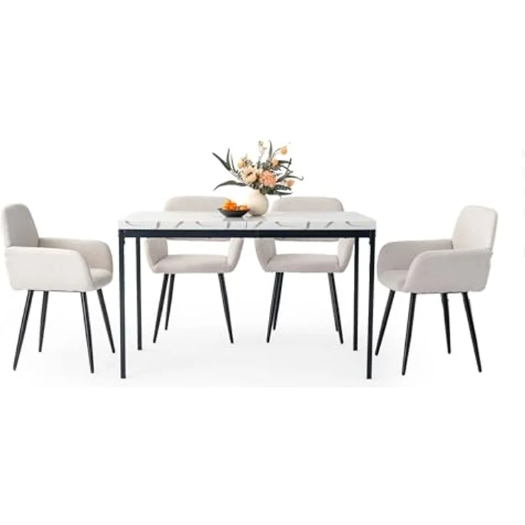 FurnitureR Weißer Marmortisch, rechteckig, 120 cm lang, für 4-6 Personen, modernes minimalistisches Design, Dicke Holzoberfläche mit Metallrahmen, Elegantes Centerpiece für Zuhause oder Büro, Outdoor – Bild 4