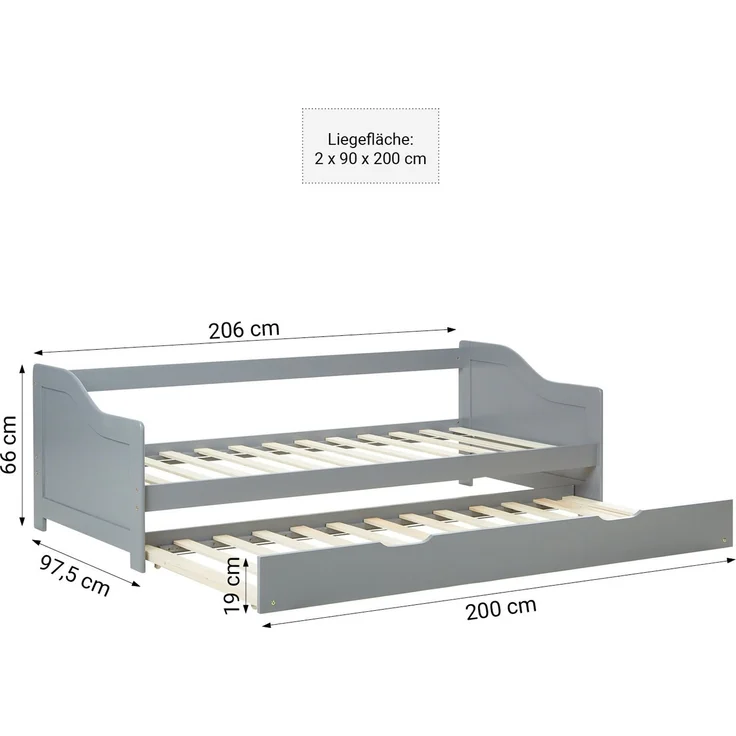 Gästebett Holzbett 90x200 cm mit 2 Matratzen Grau Tagesbett ausziehbar Jugendbett Ausziehbett Funktionsbett – Bild 3