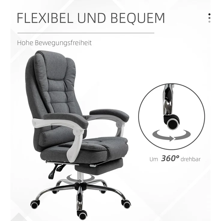 Vinsetto Bürostuhl, Eisen, Leinen, Schaumstoff, Nylon, Grau, 65L x 70B x 110-118H cm – Bild 7