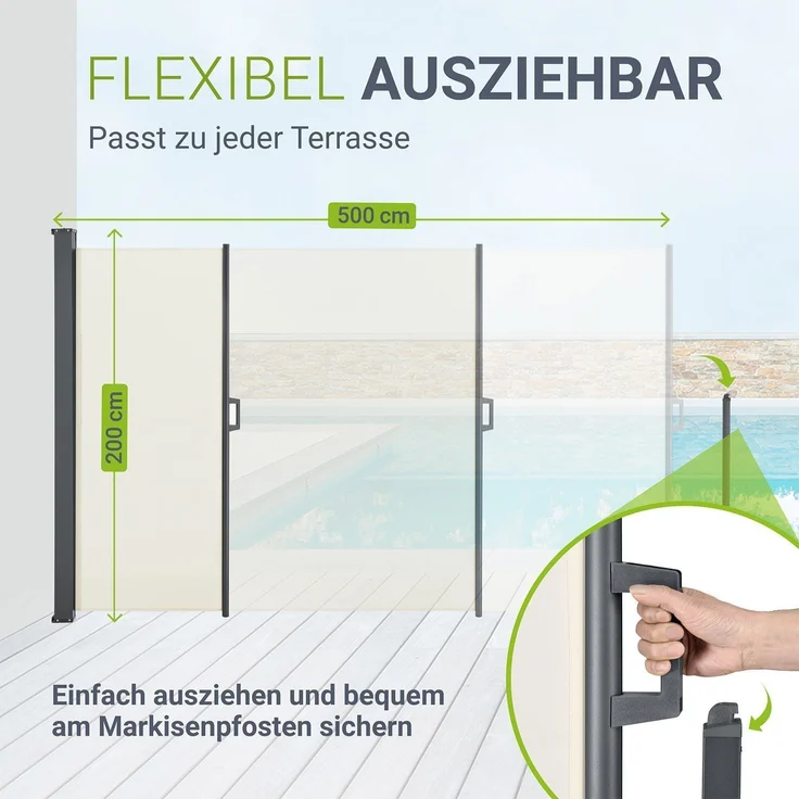 Juskys Seitenmarkise Dubai 500 x 190 cm ausziehbar blickdicht, Sichtschutz für Balkon & Terrasse, Seitenrollo mit Wandhalterung – beige – Bild 3