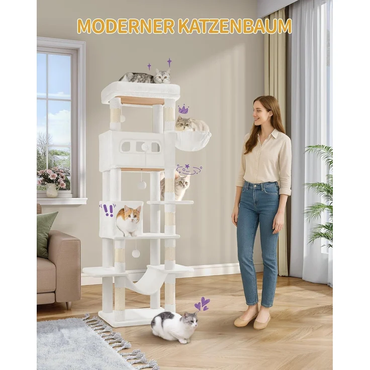 Kratzbaum groß, 170 cm hoch, Katzenbaum, mit 8 Kratzbäume, 2 Höhlen, groß Plattformen, Waschbare Matte, Hängematte, Plüschbälle, mehrstöckiger katzenkratzbaum, Cremeweiß – Bild 2