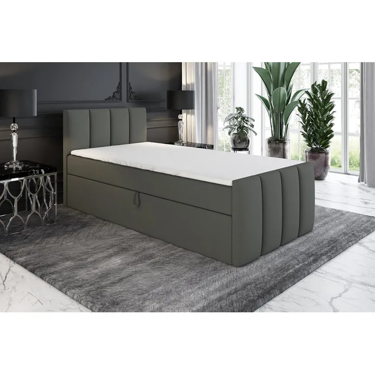 A&J MöbelLand GmbH Boxspringbett FUNI, Einzelbett mit Bettkasten, hochwertigem Topper und gepolstertem Kopfteil, Länge 216 cm, Höhe 106 cm, verschiedene Farben erhältlich