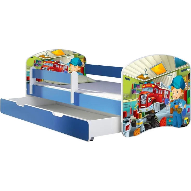 ACMA Kinderbett Jugendbett mit Einer Schublade und Matratze Blau mit Rausfallschutz Lattenrost II 140x70 160x80 180x80 (45 Mechaniker, 180x80 + Bettkasten) – Bild 1
