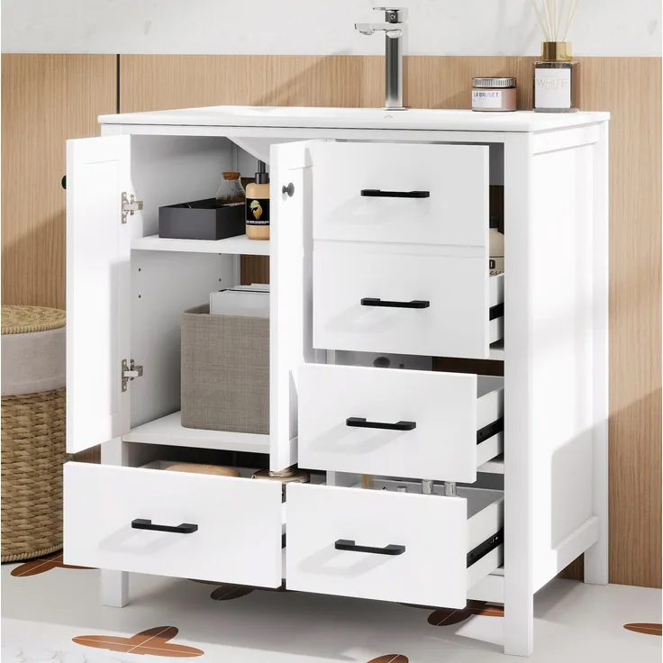 Waschtisch 76 x 46 x 82 cm mit Keramikbecken, 4 Schubladen und verstellbaren Einlegeböden, Weiß