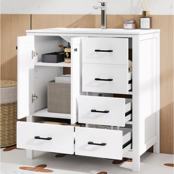 Waschtisch 76 x 46 x 82 cm mit Keramikbecken, 4 Schubladen und verstellbaren Einlegeböden, Weiß – Bild 1