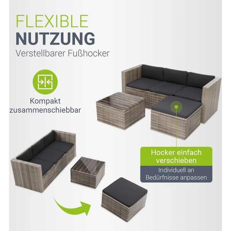 Juskys Polyrattan Lounge Punta Cana M grau-meliert inkl. Abdeckung – Gartenlounge für 3-4 Personen – Sitzgruppe mit Sofa, Tisch & Hocker - Sitzbezüge Dunkelgrau – Bild 6
