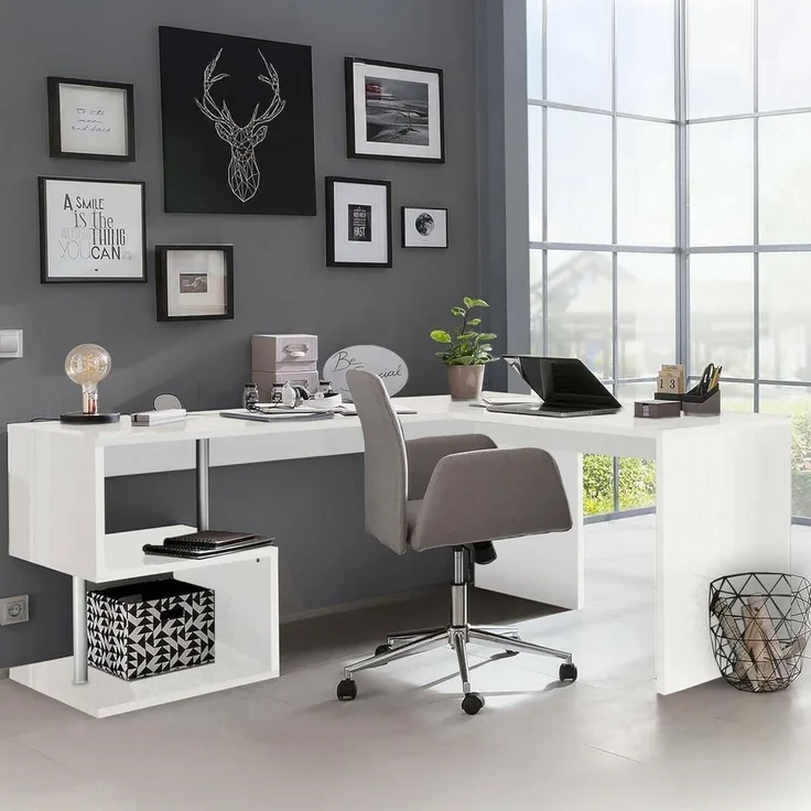 Dmora Eckschreibtisch für Büro und Arbeitszimmer mit Regal, Made in Italy, Computertisch, Schreibtisch für PC, 160x60h78 cm, glänzend weiße Farbe