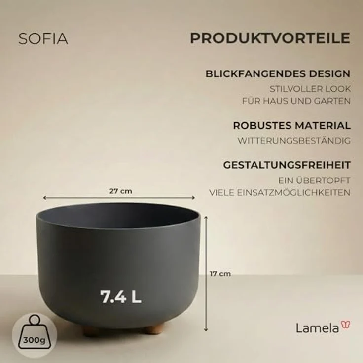 LAMELA Kunststoff Blumentopf rund mit Füßen, Ø 27 cm, 7,4 L - Anthrazit – Bild 2