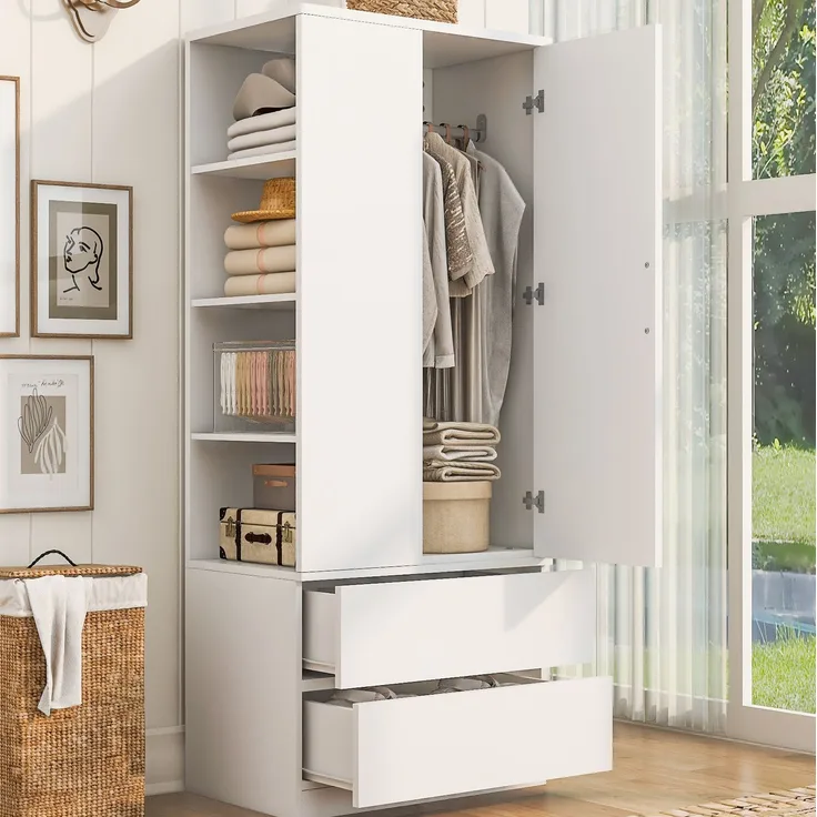 Kleiderschrank 70 x 50 x 175 cm in Weiß mit Kleiderstange, offenen Fächern und 2 Schubladen