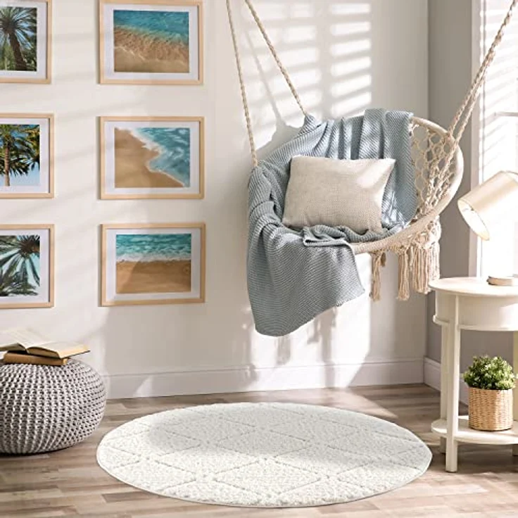 Teppich Rund - Hochflor - Boho - Cream - 160x160cm - Einfarbig - Modern Raute Meliert Muster - Skandinavisch Flauschig Weich - Wohnteppich Schlafzimmer Dekoration – Bild 3