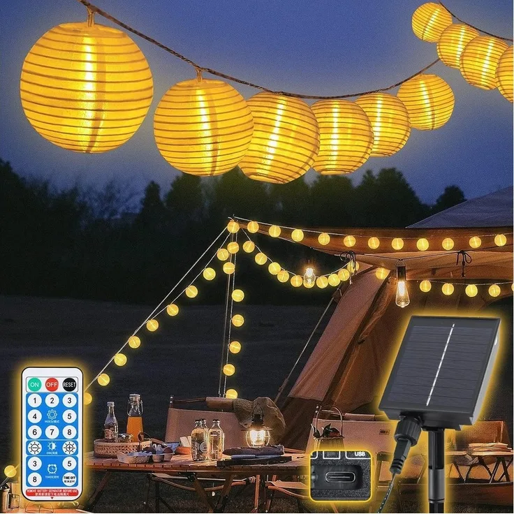 Salcar LED-Lichterkette LED Lichterkette Lampion Außen, Solar-, Batterie-, Steckdosen-Betrieb, 80-flammig, 20M 80 LED-Lampions,8 Modi, Solarbetrieb