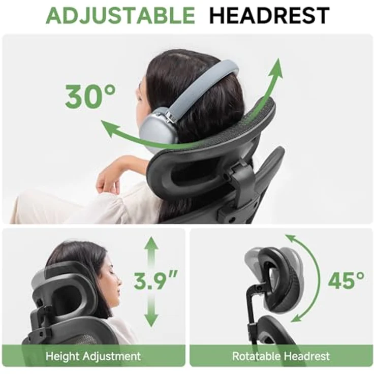 GTPLAYER Bürostuhl Ergonomisch, Schreibtischstuhl mit Verstellbarer Kopfstütze, Armlehnen, Lendenwirbelstütze, Büro Stuhl & Gaming Stuhl Wippfunktion, Chefsessel aus Mesh, 150kg(Tiefschwarz) – Bild 6