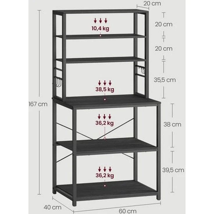 Vasagle Küchenregal mit 6 Ablagen und Haken, Stahl anthrazit, 40 x 60 x 167 cm – Bild 5