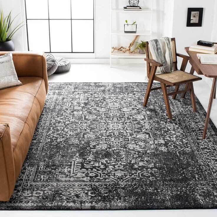 Teppich SAFAVIEH Traditionell Wohnzimmer, Esszimmer, Schlafzimmer - Evoke Collection, Kurzer Flor, Schwarz und Grau, 200x200 cm