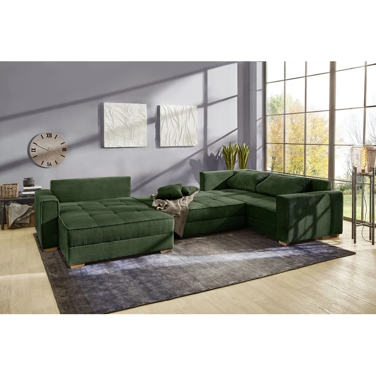 Wohnlandschaft U-Form Sofa Schlaffunktion Couch Bettkasten Cord in Grün – Bild 3