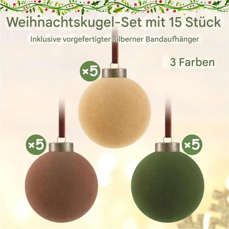 Bomiclss Weihnachtsbaumkugel 8 cm beflockte Weihnachtskugeln, 15-teiliges Christbaumschmuck-Set (15 St) – Bild 3