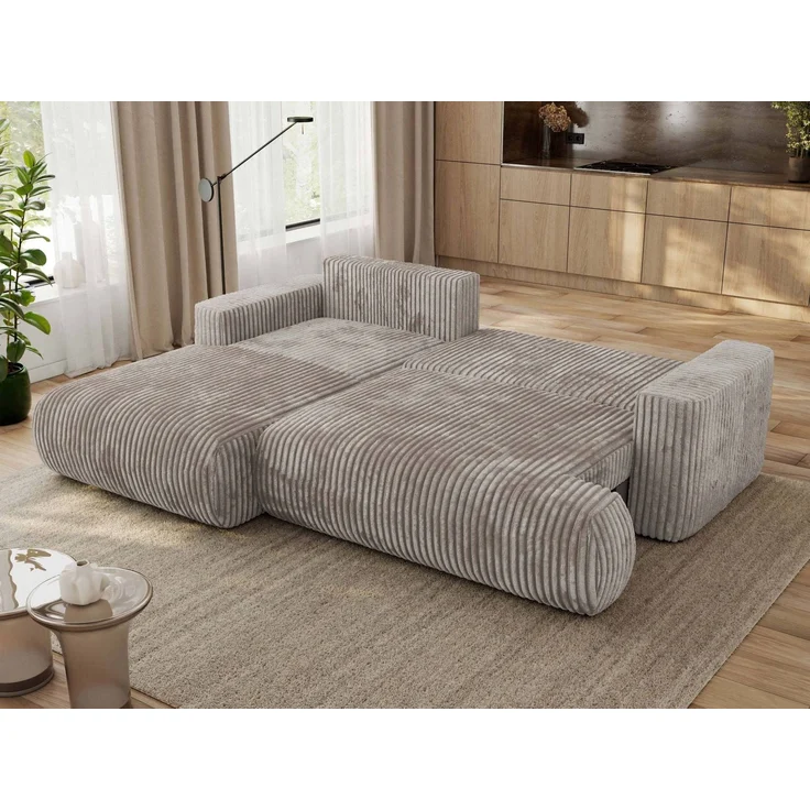 Ecksofa OVO mit schlaffunktion und bettkasten, Wellenfeder, lose Kissen, L-form 271x195 cm - Hellbraun Cord - linke Seite – Bild 3