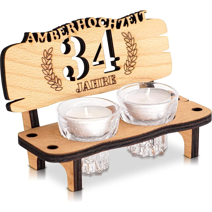 DARO Design - Schnapsbank 34. Hochzeitstag Amberhochzeit Geschenk Deko für Paare Männer Frauen aus Holz mit Gläsern – Bild 2