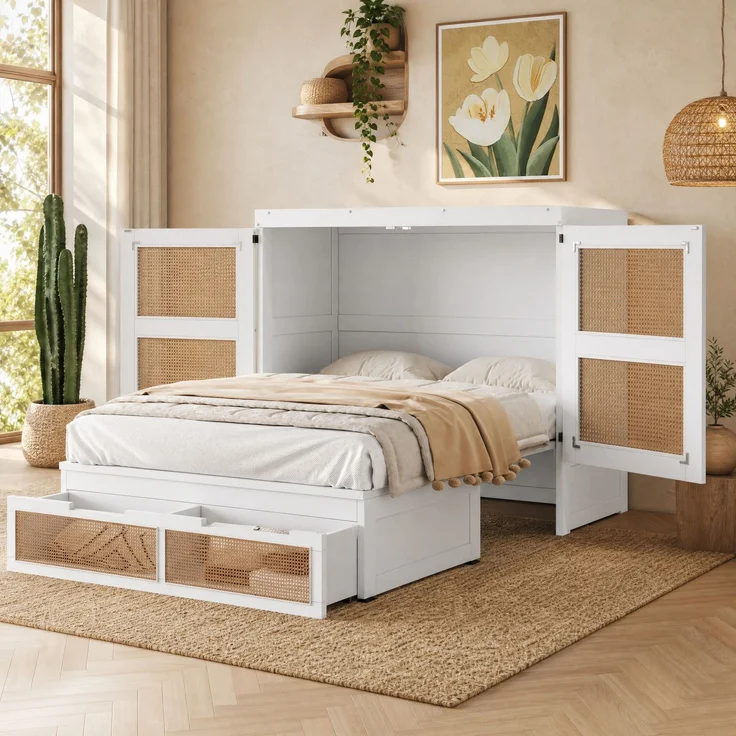 CHICFURN Bett aus Holz Weiß 140x200 cm mit Stauraumschubladen und Rattan-Design – Bild 1