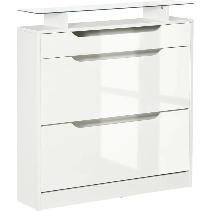 Schuhschrank mit 2 Klappschubladen + 1 Auszugsschublade + 1 Ablagefläche und 1 weißer Glasplatte