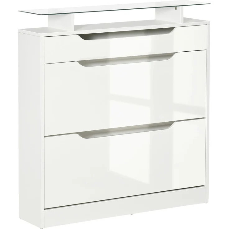Schuhschrank mit 2 Klappschubladen + 1 Auszugsschublade + 1 Ablagefläche und 1 weißer Glasplatte – Bild 1