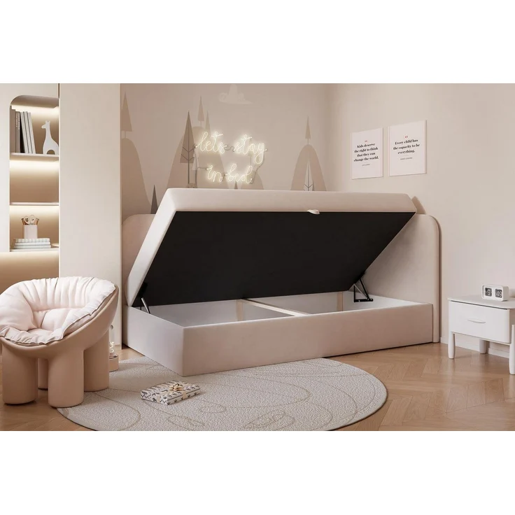 Compleo Boxspringbett Jugendbett DREAMY, Polsterbett mit Bettkasten, 80/90/100/120x200, Kopfteil links oder rechts, Boucle oder Velvet – Bild 3